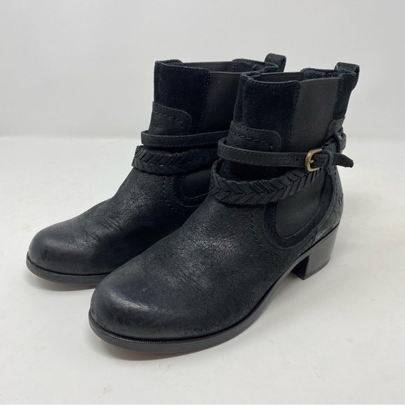 UGG Krewe Black Leather Shearling Moto Ankle Boots Size 6 - Picture 2 of 9